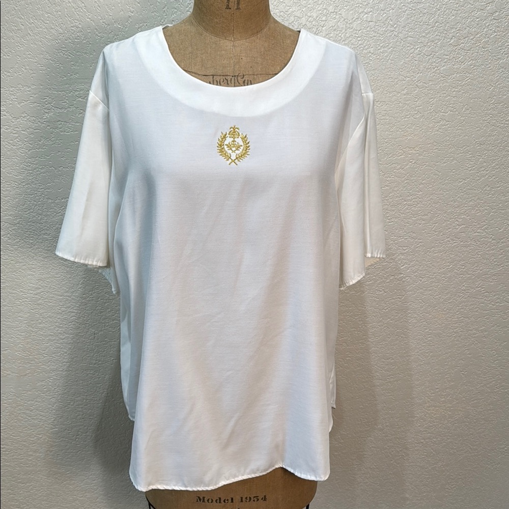 Fitting Image Women Elegant Short Sleeve White With Gold Embroidered Top Size 18